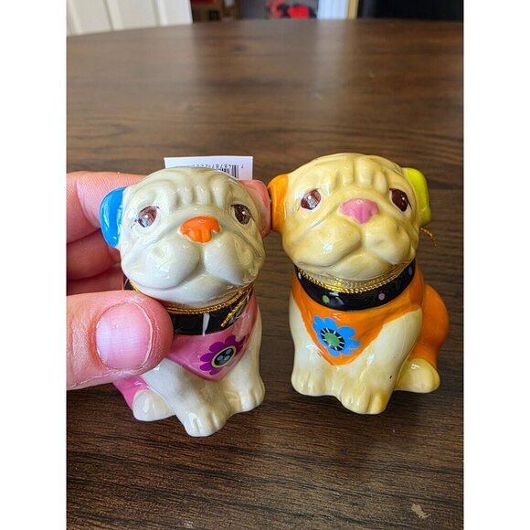 Set Of 2 Ceramic Dog Figurines With Gold String & Flower Collar Accents - Pink & - Picture 1 of 16